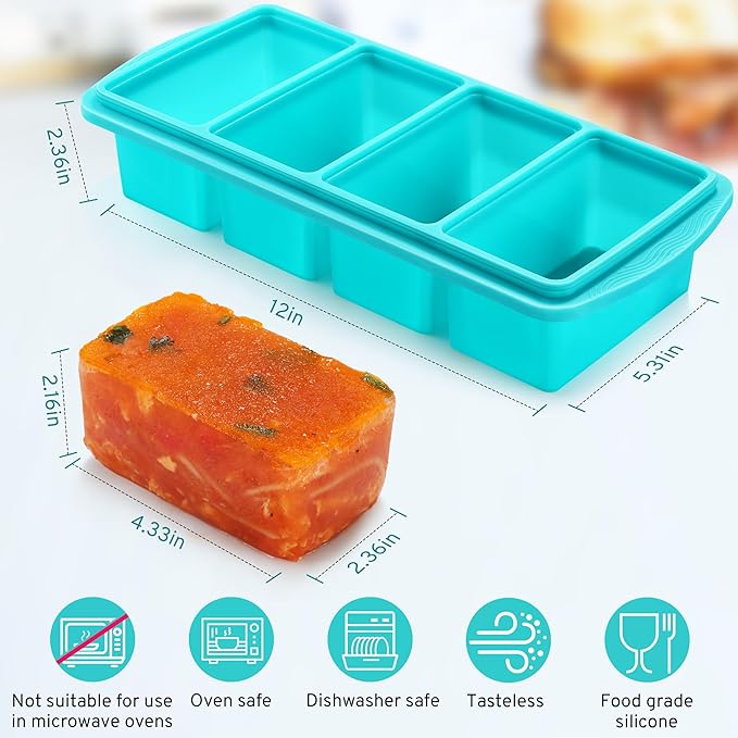 Silicone Freezer Tray with Lid - 1 Cup Silicone Food Tray - Large Ice Cube Freezer Molds - Soup, Sauce, leftovers, Homemade Meal Prep Freezing Kitchen Storage Containers - Aqua - 1-Pack