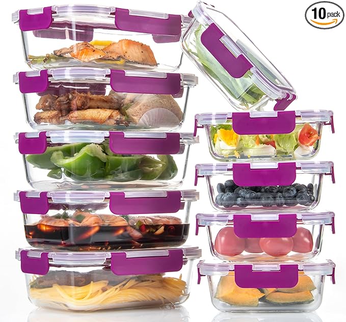 C CREST 10 Pack Meal Prep Glass Containers with Locking Lids - 5x 32oz + 5x 12oz - Ideal for Food Storage