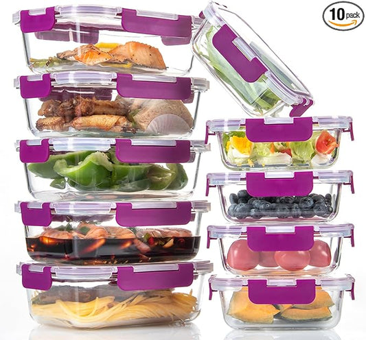 C CREST 10 Pack Meal Prep Glass Containers with Locking Lids - 5x 32oz + 5x 12oz - Ideal for Food Storage