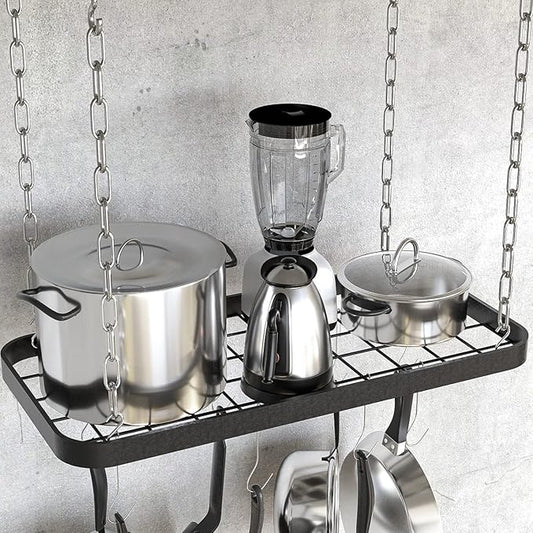 Hanging Pots and Pans Organizer Rack for Ceiling Wall Mount Grid Kitchen Pot Storage Shelves for Utensils, Cookware with 8 S Hooks (24.4 x 11.8 x 1.2 inches)- JACKCUBE DESIGN MK397B