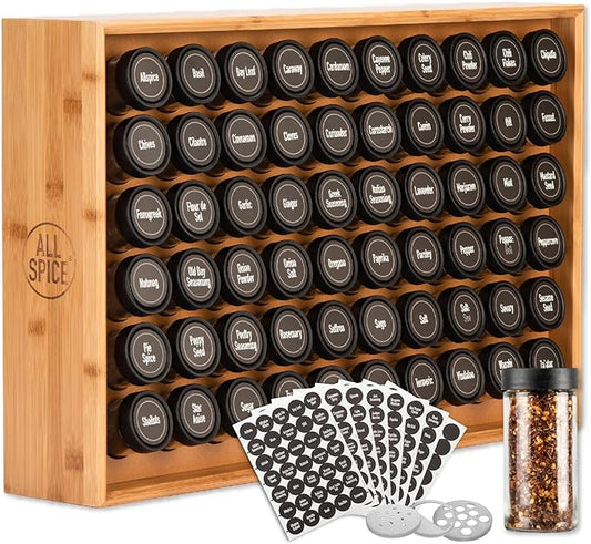AllSpice Wood Spice Rack Organizer, 525 Unique Labels, Countertop or Wall Mount, Includes 60 4oz Jars- Bamboo