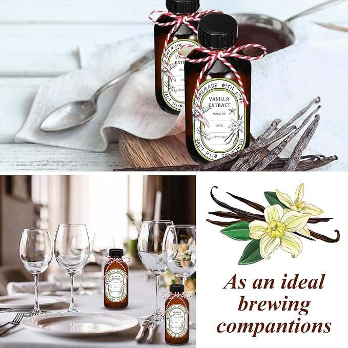12 Pack 4 oz Vanilla Extract Bottles with Black Poly Cone Caps and 12 Pcs Vanilla Extract Stickers, 120ml Boston Round Sample Bottles for Homemade Vanilla Extract, Essential Oils, Herbal Medicine(4oz)