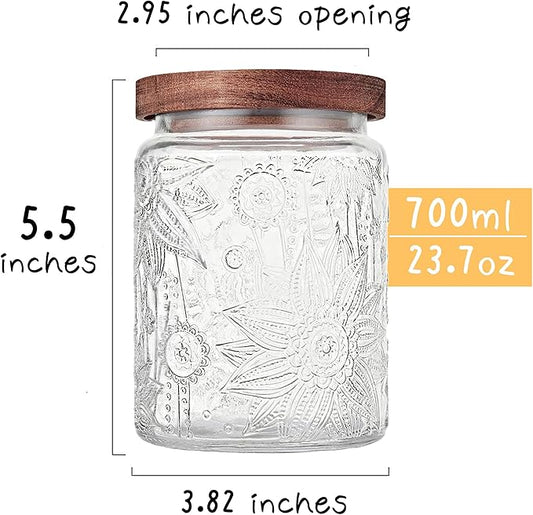 Glass Storage Jars With Airtight Lid, 23.7oz Container For Kitchen Counter with Wooden Lid, brown sugar, candy, coffee, cookie, salt, tea, cute Jar (Sunflower*2)