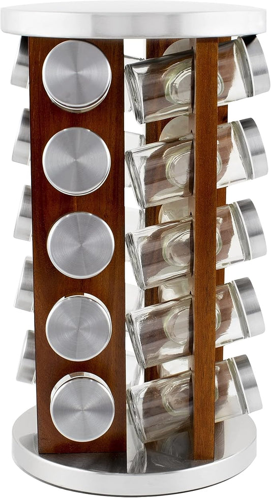 Orii Dark Acacia Wood Spice Rack with 20 EMPTY jars with Stainless Steel Lids and FREE Stainless Steel Funnel and Labels