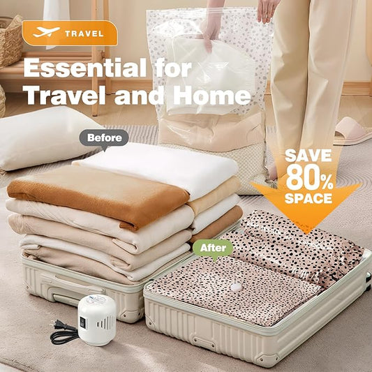 10 Pack Travel Vacuum Storage Bags with Electric Pump, 2 Large + 4 Medium + 4 Small Vacuum Sealer Bags, 80% Space Saver Bags for Luggage, Comforters and Blankets, Travel Essentials(Beige Leopard)