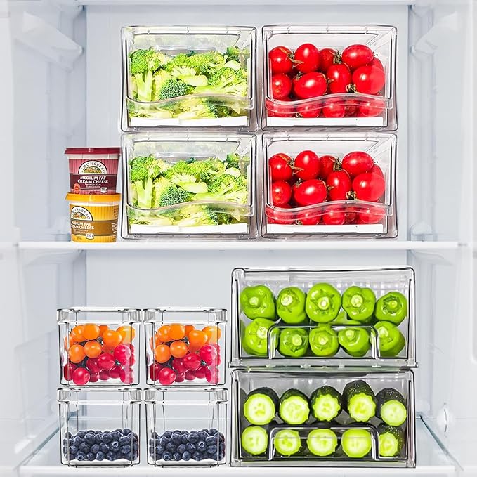 2 Pcs Refrigerator Organizer Bins Pull-Out Drawers, Clear Fridge Drawers, Stackable Fridge Organizer Drawers, Food Storage Containers for Fruit & Vegetables, for Kitchen, Freezers, Storage Rooms