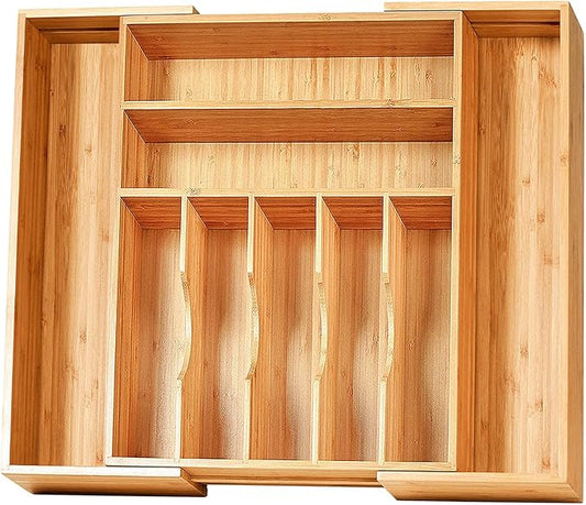 Umilife Large Expandable Kitchen Silverware Utensils Drawer Organizer, 2.5" Extra High Adjustable Drawer Divider with Curved Grooves, Bamboo Wood Cutlery Tray Flatware Holder