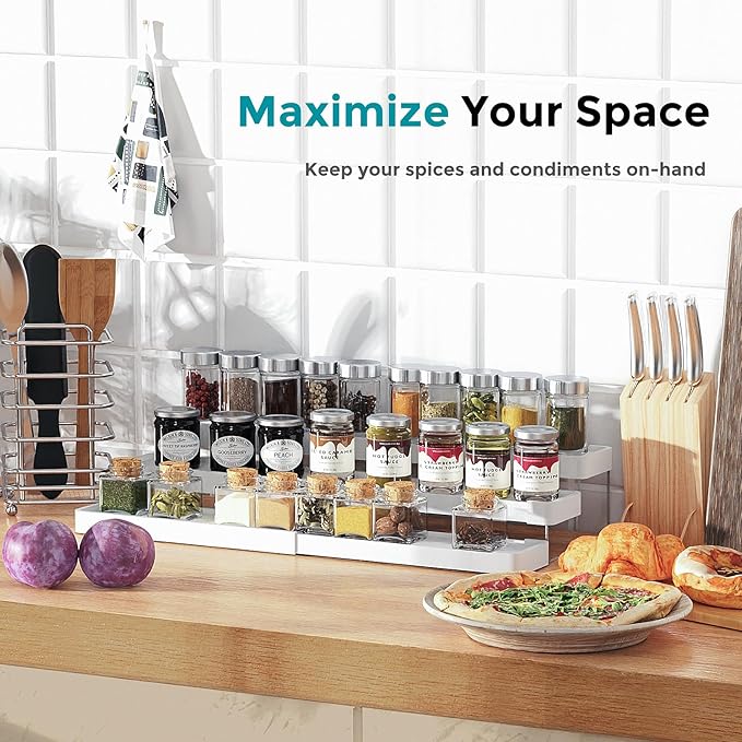 Spice Rack Organizer for Cabinet - 3 Tier Expandable Spice Organizer for Cabinet Easy Visibility - Adjustable Cabinet Spice Organizer for Kitchen Countertop Cupboard Pantry Organization (White)