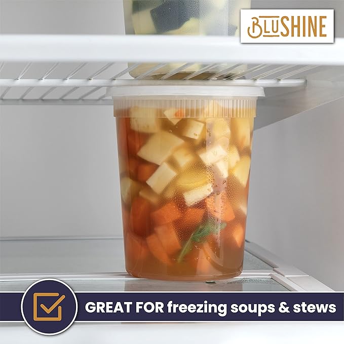[24 Sets] 32 oz. Plastic Deli Food Storage Containers with Airtight Leak Proof Lids - Reusable - Microwave, Fridge, and Freezer Safe