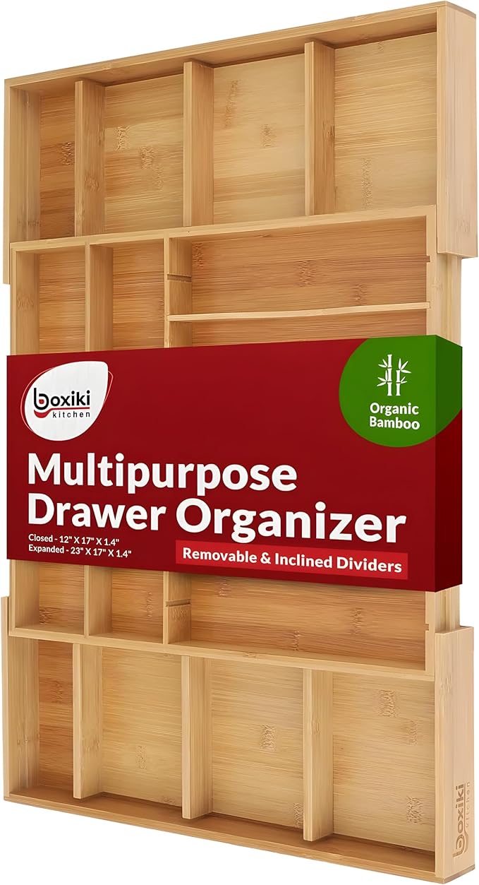 Luxury Bamboo Kitchen Drawer Organizer - Silverware Organizer - Utensil Holder, Spice Rack and Cutlery Tray with Grooved Drawer Dividers for Flatware and Kitchen Utensils (16 Slots)