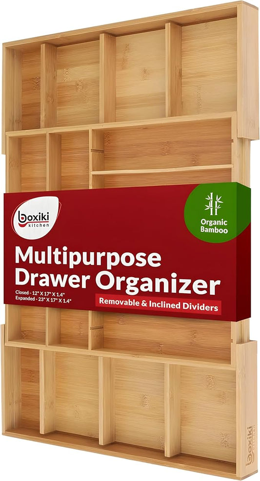 Luxury Bamboo Kitchen Drawer Organizer - Silverware Organizer - Utensil Holder, Spice Rack and Cutlery Tray with Grooved Drawer Dividers for Flatware and Kitchen Utensils (16 Slots)