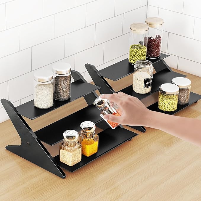 3 Tier Spice Rack Organizer for Cabinet, Metal with Wood Step Shelf Countertop Spice Storage Holder, Seasoning Organizer for Kitchen, Pantry, Black, 2 Pack