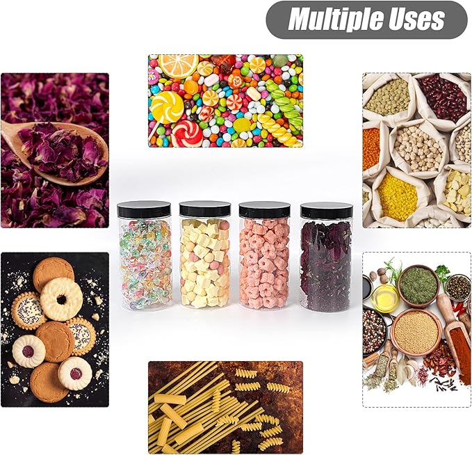 12 Pack 32 oz Plastic Storage with Lids,Airtight Clear Reusable Food Storage Jars for Kitchen Pantry Organization,BPA-Free Dry Food Canisters(Transparent)