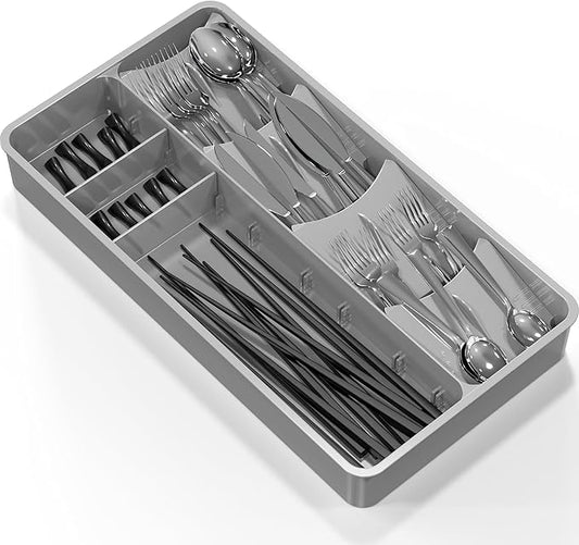Simple Houseware Adjustable Silverware Utensil Drawer Organizer for Kitchen, Grey