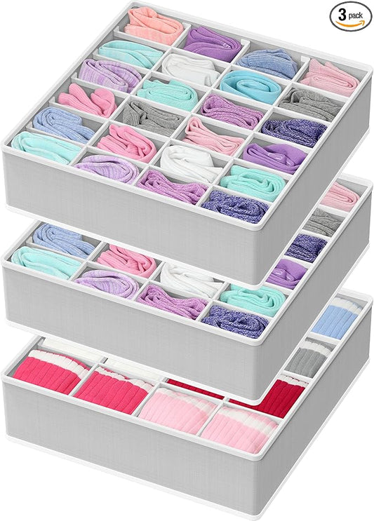 Simple Houseware Sock Drawer Organizer for Dresser/Closet/Bedroom, 3 Pack, Gray