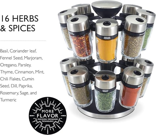 Cole & Mason 16 Herb & Spice Carousel - Rotating Spice Rack - Metal Two-Tier Organizer - Lazy Susan Style - Stainless Steel/Black, 10 inch