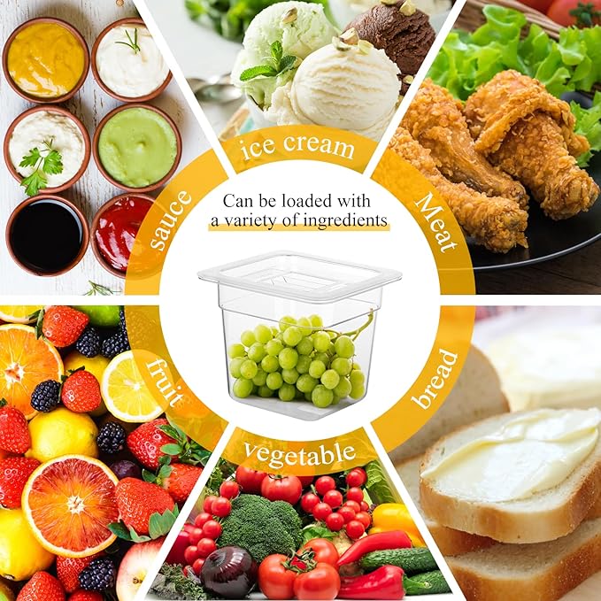 12 Pack Plastic Food Pan with Lids 1/6 Size 6'' Deep Restaurant Food Containers Stackable Clear Polycarbonate Commercial Hotel Pans with 1 Plastic Spoon for Fruits Vegetables