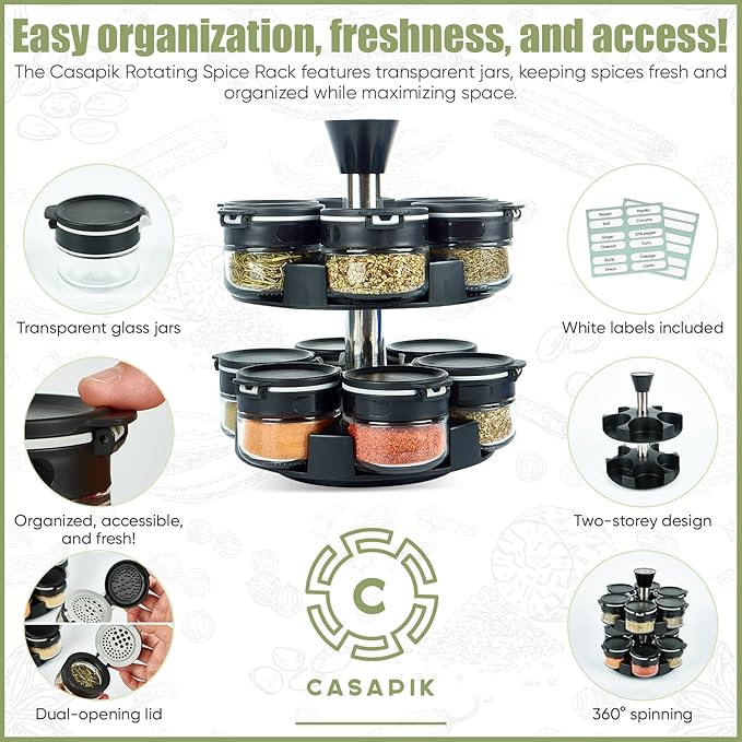 Rotating Spice Rack Organizer - 2-Tier Spice Carousel with 12 Empty Glass Jars, Dual-Lid, Preprinted & Blank Labels, Space-Saving Countertop Spice Storage