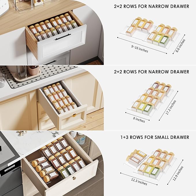 Spice Drawer Organizer, 6 Pcs Clear Acrylic In Drawer Seasoning Jars Rack, Expandable From 8" to 16" Kitchen Cabinets/Countertop Drawer Spice Rack Tray (Fit Small Drawer)