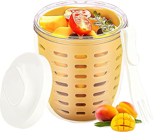 20oz Fruit Salad Storage Cup with Lids and Fork, Reusable Plastic Fruit Storage Containers for fridge with Drain Baskets, BPA-Free & Leak-Proof, Keep Fruits, Vegetables Fresh Longer (Yellow)