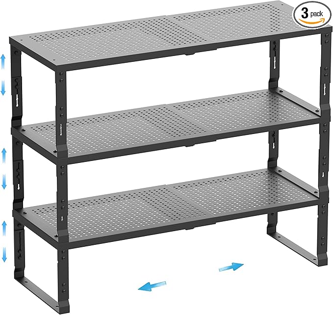Expandable Spice Rack,Stackable Storage for Cabinet, Multi-Functional Kitchen Shelving,Height-Adjustable,Sustainable Organizer Solution(3Packs/Black/Medium)