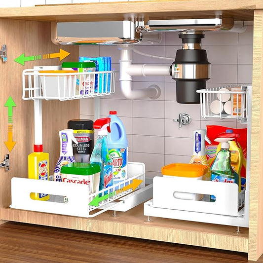 2 Pack Under Sink Organizer and Storage,Pull Out Cabinet Organizer 2 Tier Slide Out Sink Shelf Cabinet Organizer Adjustable Metal Under Counter Organizers for Kitchen Bathroom Organization（White）