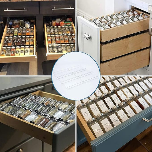 Spice Drawer Organizer, 6 Pcs Clear Acrylic In Drawer Seasoning Jars Rack, Expandable From 8" to 16" Kitchen Cabinets/Countertop Drawer Spice Rack Tray (Fit Small Drawer)