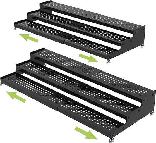Metal Spice Rack Organizer for Cabinet, 3 Tier Expandable Spice Storage shelf, Great for Kitchen Cabinets, Cupboard,Pantry and Countertop More,Metal plate with hole(2PACKS/BLACK)