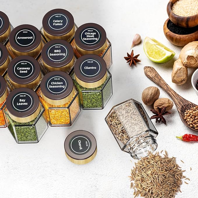 set of 12 magnetic glass spice tins with 180 seasoning label stickers