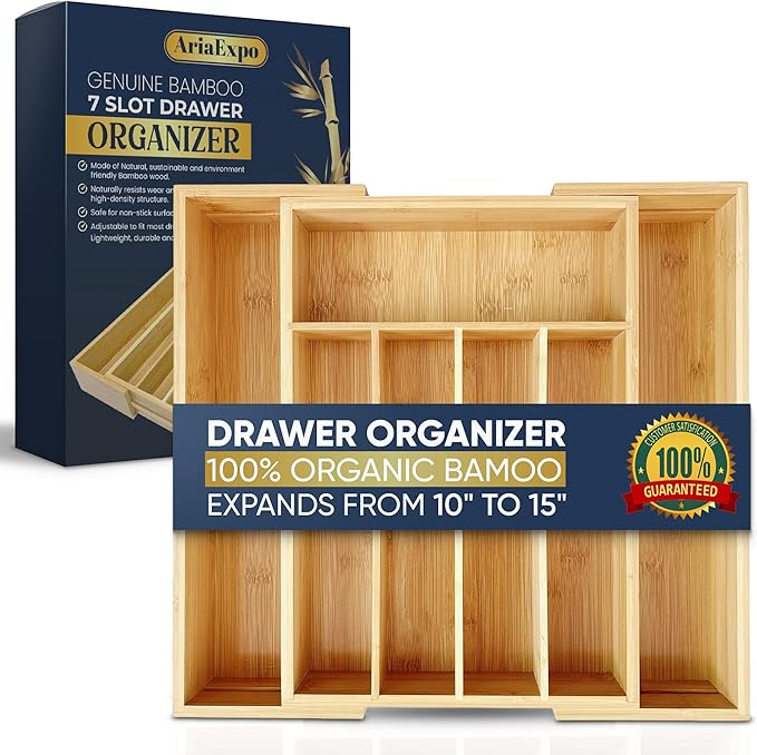 Expandable Bamboo Silverware Organizer Utensil Drawer Organizer Kitchen Utensil Organizer Cutlery Drawer Organizer 5-7 Slot Flatware Organizer For Drawers With Gift Box