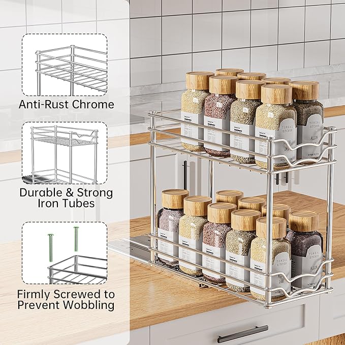 Pull Out Spice Rack Organizer for Inside Cabinet, Slide Out Chrome Spice Organization for Cabinet, Easy to Install Seasoning Organizer for Kitchen Storage, 4.9''Wx10.4''Dx9.57''H - 2 Tier