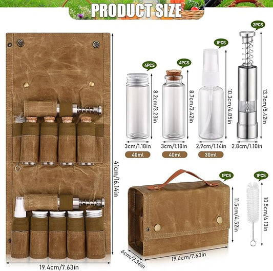 TOBWOLF Camping Spice Kit with 9 Jars, 2 Salt/Pepper Grinders, Portable Spice Bag, Foldable Canvas Seasoning Storage Bag Organizer, Mini Condiment Container Set for Outdoor Camping Picnic BBQ - Khaki