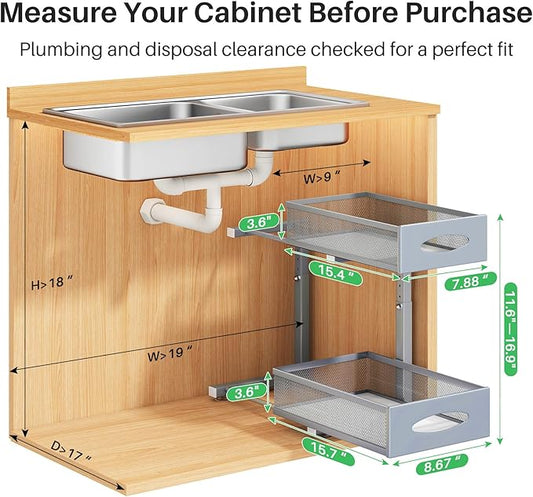 Under Sink Organizer, 2 Tier Pull out Cabinet Organizer Baskets with Mesh Sliding Drawers, Slide out Storage Shelf for Home, Kitchen, Bathroom, Pantry, Office, Countertop(1 Pack,Grey)