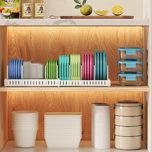 X-cosrack Expandable Food Container Lid Organizer,Large Capacity Adjustable 10 Dividers Detachable Lid Organizer Rack for Cabinets, Cupboards, Pantry Shelves, Drawers to Keep Kitchen Tidy,White