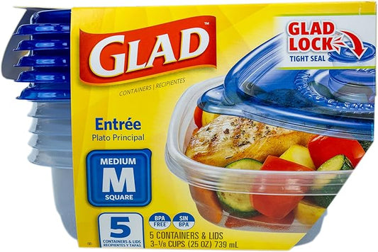 GladWare Entree Food Storage Containers, Medium Square Holds 25 Ounces of Food, 5 Count Set | Tupperware, Plastic Food Container, Meal Prep Container, Plastic Containers with Lids