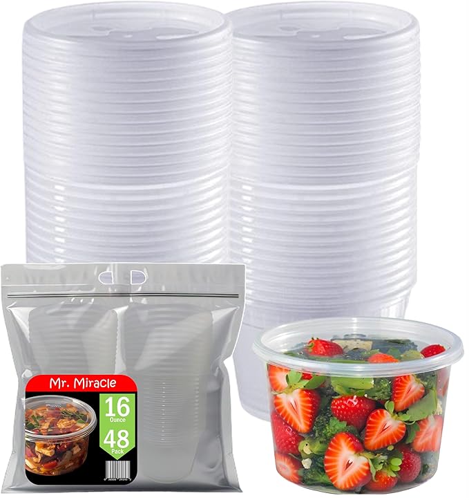 Mr Miracle Deli Containers with Lids - 48 Pack of 16 oz Clear Airtight Reusable Plastic Food and Multi-Purpose Containers - Microwave, Freezer, and Dishwasher Safe