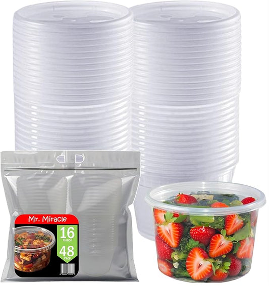Mr Miracle Deli Containers with Lids - 48 Pack of 16 oz Clear Airtight Reusable Plastic Food and Multi-Purpose Containers - Microwave, Freezer, and Dishwasher Safe