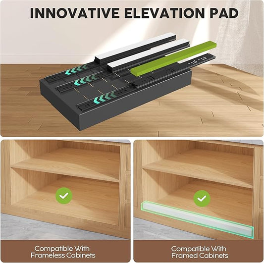 4 Pack Pull Out Cabinet Organizers 21" Deep with Raising Pad for Framed Cabinets,Expandable Slide Out Drawers Upgrade 3 Slide Rails,Roll Out Shelves Adhesive,Adjustable Width 9"-14" Black