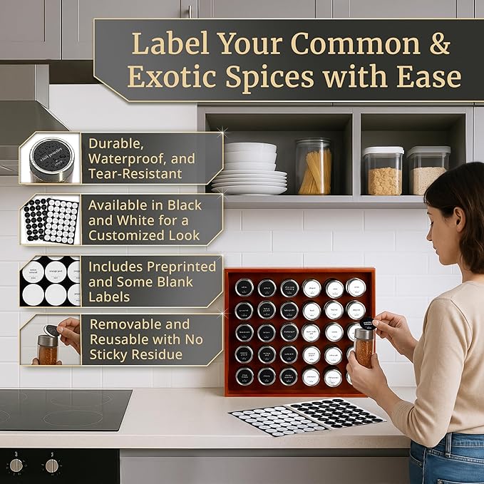BOURBON & BARREL Wooden Spice Rack Organizer with Glass Jars | Stainless Steel Lids | Bamboo Countertop Spice Organization | 350 Waterproof Spice Labels | 2 Chalk Markers | 30 4oz Jars [Walnut]