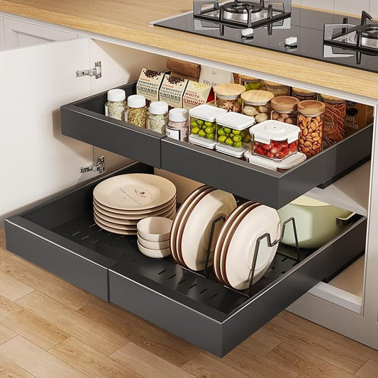 1 Pack Pull out Cabinet Organizer 21" Deep With Raising Pad for Framed Cabinets, Expandable Slide out Drawers for Kitchen Cabinets with 2pcs Divider Racks, Roll out Shelves 12.1"-20.4"W Black