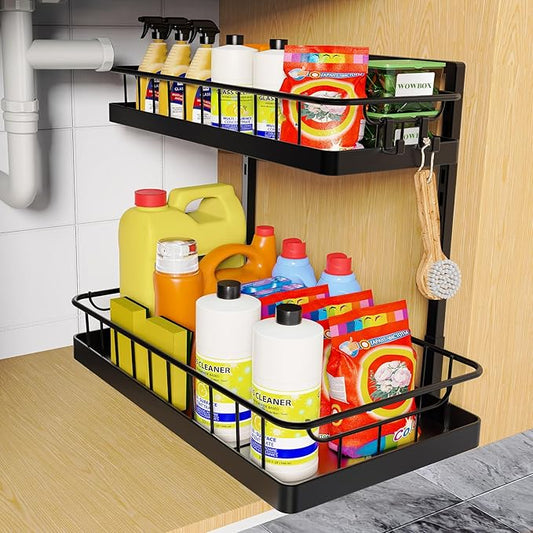 WOWBOX 1 Pack Under Sink Organizer 2 Tier Slide Out Cabinet Organizer Under Sink Organizers and Storage for Kitchen Bathroom Pantry
