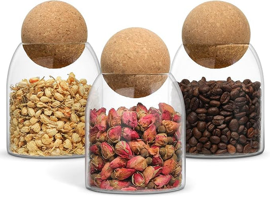 ComSaf Glass Storage Container with Ball Cork, 16 OZ Small Glass Jar with Cork Lids, 3 Pack Candy Jar, Tip Jars, Decorative jars, Cute Jars for Coffee, Sugar, Salt, Apothecary Cotton Swab Qtip Holder