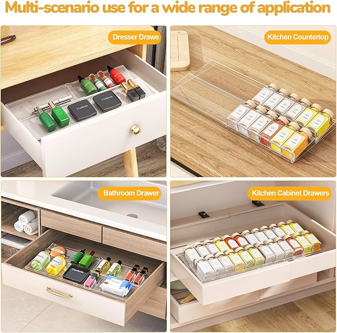 Expandable Spice Drawer Organizer 2-Pack, Adjustable Clear Acrylic Spice Rack for Drawer, Ideal for Kitchen Spice Organization, Seasoning Organizer Holds Up to 24 Jars(Jars Not Included)