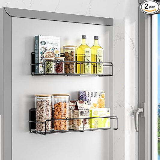 2 Pack Magnetic Spice Rack Organizer, Space Saver for Refrigerator and Microwave Oven, Magnetical Fridge Shelf for Jars, Seaoning, tins and Utensils Black