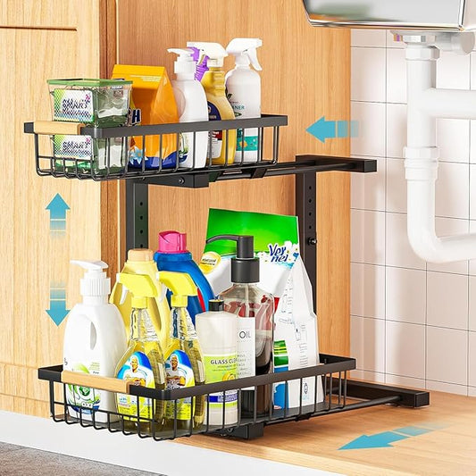 Under Sink Organizer Storage 1 pack, 2 Tier Slide Out Height Adjustable Pull Out Cabinet Organizer Drawers, Kitchen Bathroom Large Capacity Metal Under Sink Rack Caddy Basket Shelves, Black