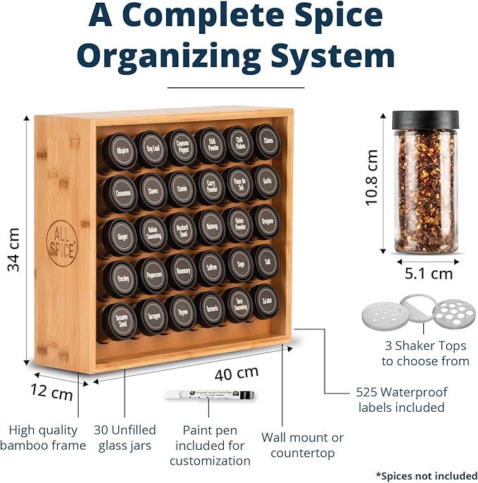 AllSpice Wood Spice Rack Organizer, 525 Unique Labels, Countertop or Wall Mount, Includes 30 4oz Jars- Bamboo