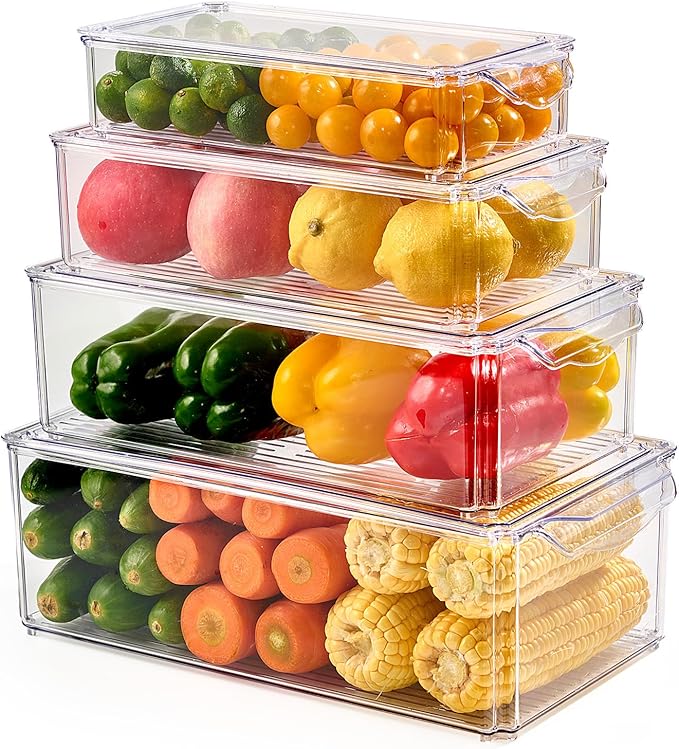 4 Piece Refrigerator Organizer Bins, Clear Fridge Organizers and Storage, Stackable with Lids, Food Storage Containers for Fruit, Vegetable, Drinks, Cereals