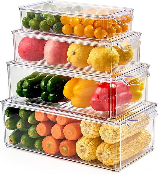 4 Piece Refrigerator Organizer Bins, Clear Fridge Organizers and Storage, Stackable with Lids, Food Storage Containers for Fruit, Vegetable, Drinks, Cereals