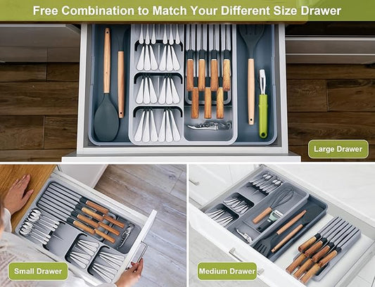 Kitchen Utensil Drawer Organizer, Removable 2-Tier Knife Holder, Expandable Cutlery Tray for Silverware, Flatware and Utensils, Large Kitchen Drawer Dividers for Spoons, Forks, Knives, Gray