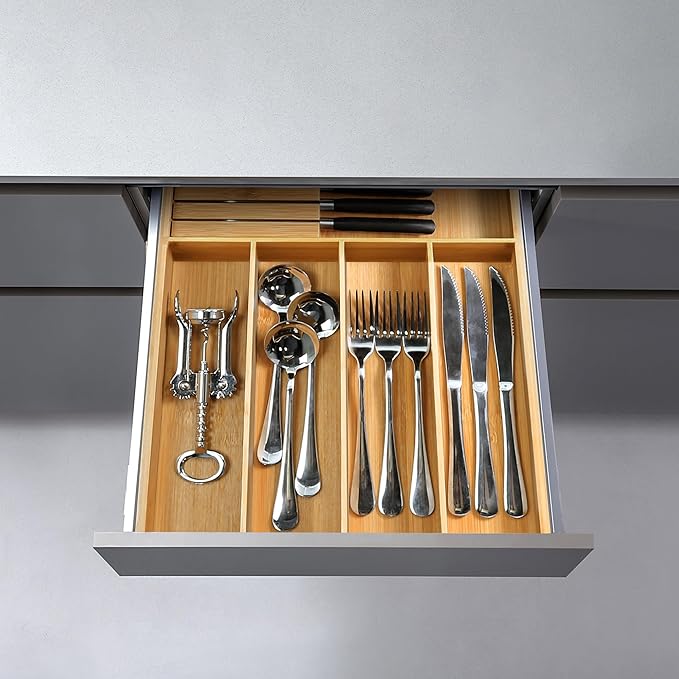 VaeFae Bamboo Silverware Organizer, Utensil Holder for Drawer, Wooden Cutlery Tray with Divider for Kitchen Drawer, Utensil Organizer with Knife Block